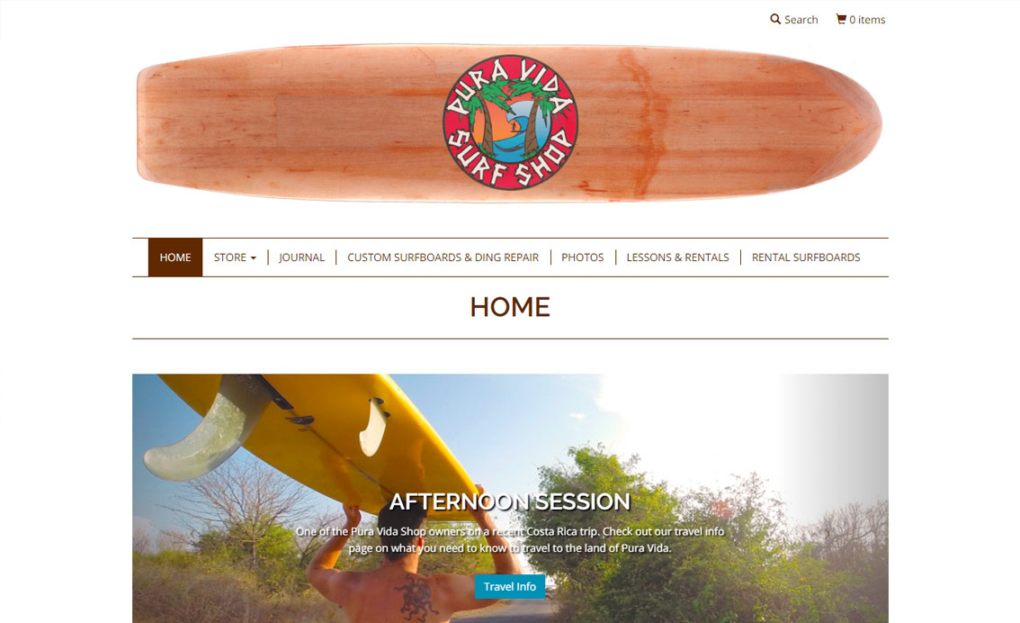 pura vida surf shop website example